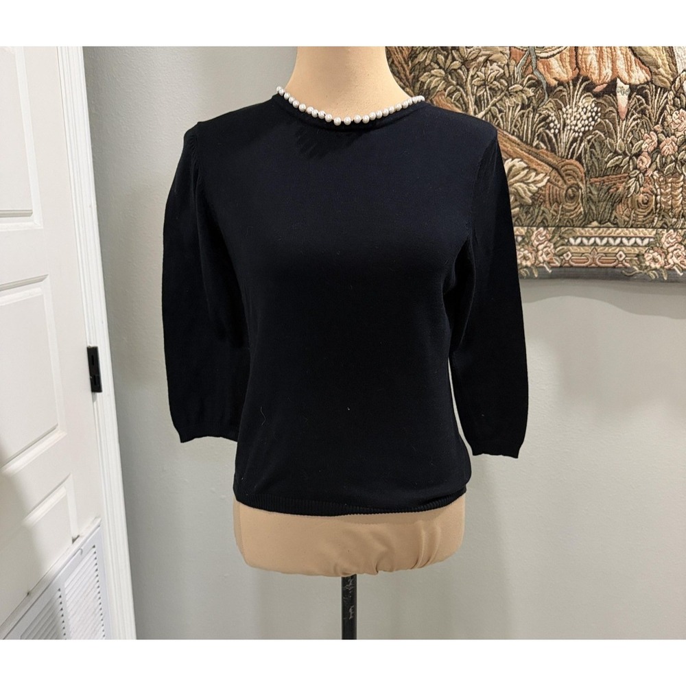 Poo She She Sweater Womens Medium Black Pearl Beaded Neck 3/4 Sleeve Knit Top‎